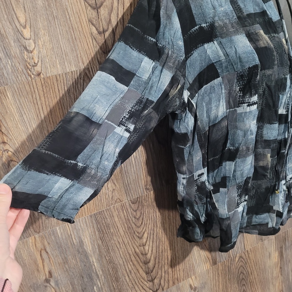 APNY Abstract SemiSheer Blouse Lg Muted Blue/Black Tasseled Popover Lightweight - Picture 5 of 10